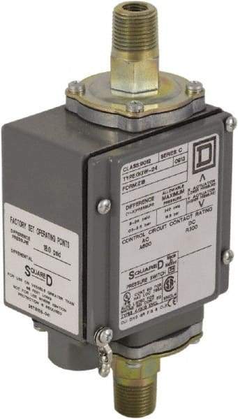 Square D - 4, 13 and 4X NEMA Rated, DPDT, 175 psi, Electromechanical Pressure and Level Switch - Adjustable Pressure, 120 VAC at 6 Amp, 125 VDC at 0.22 Amp, 240 VAC at 3 Amp, 250 VDC at 0.11 Amp, 1/4 Inch Connector, Screw Terminal, For Use with 9012G - Benchmark Tooling