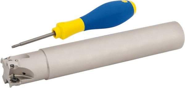 Iscar - 1-1/4" Cut Diam, 0.315" Max Depth of Cut, 1-1/4" Shank Diam, 7.87" OAL, Indexable Square Shoulder Helical End Mill - HM390 TPKT 1003 Inserts, Cylindrical Shank, 90° Lead Angle, Through Coolant, Series HeliIQMill - Benchmark Tooling