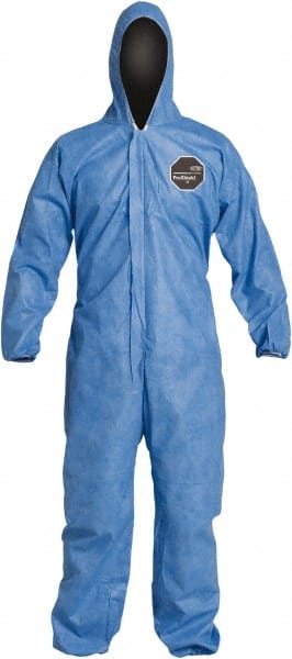 Disposable Coveralls: Size Medium, Film Laminate, Zipper Closure Blue, Sewn Seam, Elastic Cuff, Elastic Ankle, ISO Non-Cleanroom Class