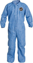 Disposable Coveralls: Size 2X-Large, Film Laminate, Zipper Closure Blue, Sewn Seam, Elastic Cuff, Elastic Ankle, ISO Non-Cleanroom Class