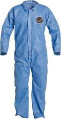 Disposable Coveralls: Size Medium, Film Laminate, Zipper Closure Blue, Sewn Seam, Open Cuff, Open Ankle, ISO Non-Cleanroom Class