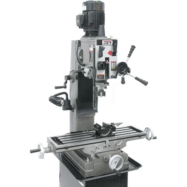 Jet - 1 Phase, 19-11/16" Swing, Geared Head Mill Drill Combination - 32-1/4" Table Length x 9-1/2" Table Width, 20-1/2" Longitudinal Travel, 8-1/4" Cross Travel, 6 Spindle Speeds, 1.5 hp, 115/230 Volts - Benchmark Tooling