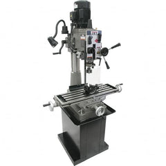 Jet - 1 Phase, 20-1/2" Swing, Geared Head Mill Drill Combination - 32-1/4" Table Length x 9-1/2" Table Width, 20-1/2" Longitudinal Travel, 8-1/4" Cross Travel, 6 Spindle Speeds, 1.5 hp, 115/230 Volts - Benchmark Tooling