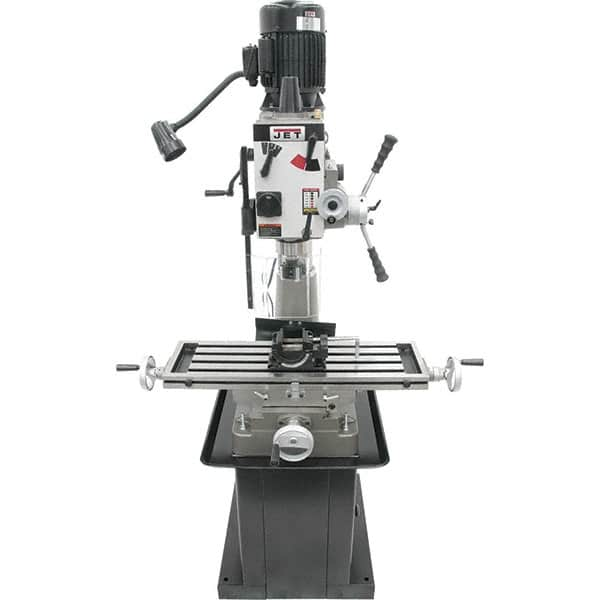 Jet - 1 Phase, 20-1/2" Swing, Geared Head Mill Drill Combination - 32-1/4" Table Length x 9-1/2" Table Width, 20-1/2" Longitudinal Travel, 8-1/4" Cross Travel, 6 Spindle Speeds, 1.5 hp, 115/230 Volts - Benchmark Tooling