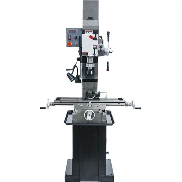 Jet - 1 Phase, 19-11/16" Swing, Geared Head Mill Drill Combination - 32-1/4" Table Length x 9-1/2" Table Width, 20-1/2" Longitudinal Travel, 8-1/4" Cross Travel, Variable Spindle Speeds, 1.5 hp, 115/230 Volts - Benchmark Tooling