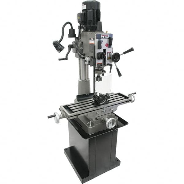 Jet - 1 Phase, 20-1/2" Swing, Geared Head Mill Drill Combination - 32-1/4" Table Length x 9-1/2" Table Width, 20-1/2" Longitudinal Travel, 8-1/4" Cross Travel, 6 Spindle Speeds, 1.5 hp, 115/230 Volts - Benchmark Tooling