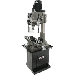 Jet - 1 Phase, 19-11/16" Swing, Geared Head Mill Drill Combination - 32-1/4" Table Length x 9-1/2" Table Width, 20-1/2" Longitudinal Travel, 8-1/4" Cross Travel, 6 Spindle Speeds, 1.5 hp, 115/230 Volts - Benchmark Tooling