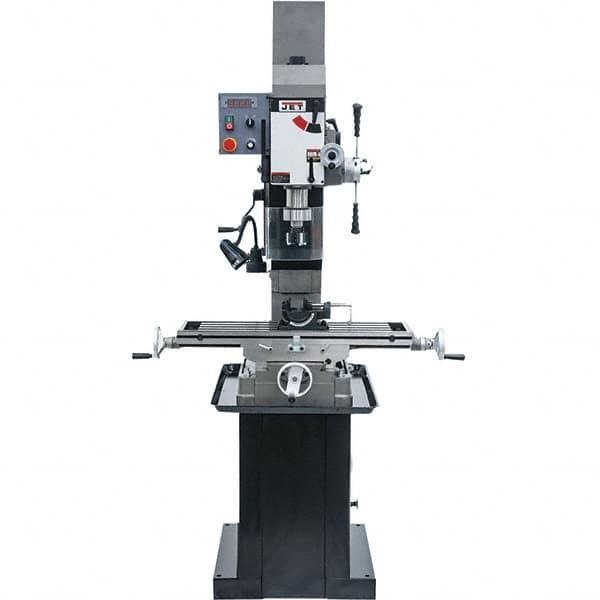 Jet - 3 Phase, 19-11/16" Swing, Geared Head Mill Drill Combination - 32-1/4" Table Length x 9-1/2" Table Width, 20-1/2" Longitudinal Travel, 8-1/4" Cross Travel, Variable Spindle Speeds, 1.5 hp, 230 Volts - Benchmark Tooling