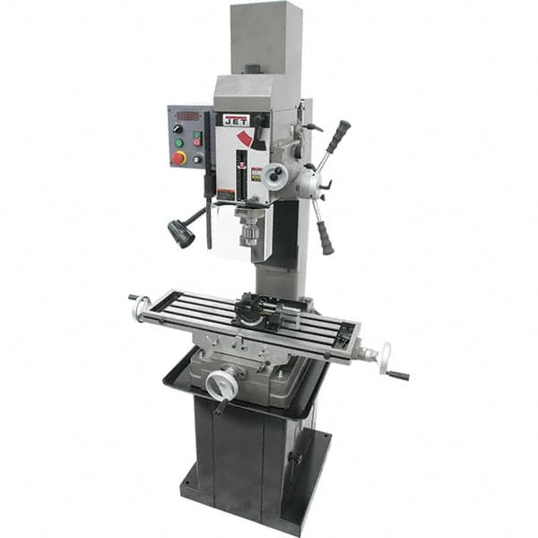 Jet - 3 Phase, 19-11/16" Swing, Geared Head Mill Drill Combination - 32-1/4" Table Length x 9-1/2" Table Width, 20-1/2" Longitudinal Travel, 8-1/4" Cross Travel, Variable Spindle Speeds, 1.5 hp, 230 Volts - Benchmark Tooling