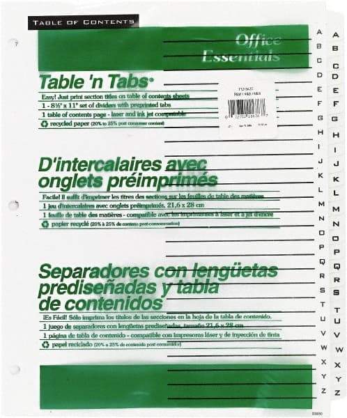 Office Essentials - 11 x 8 1/2" A to Z Label, 26 Tabs, 3-Hole Punched, Preprinted Divider - White - Benchmark Tooling