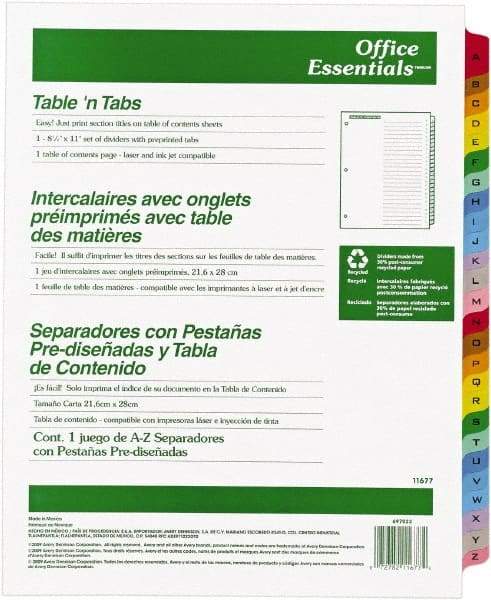 Office Essentials - 11 x 8 1/2" A to Z Label, 26 Tabs, 3-Hole Punched, Preprinted Divider - Multicolor Tabs, White Folder - Benchmark Tooling