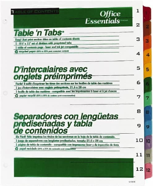 Office Essentials - 11 x 8 1/2" 1 to 12" Label, 12 Tabs, 3-Hole Punched, Preprinted Divider - Multicolor Tabs, White Folder - Benchmark Tooling