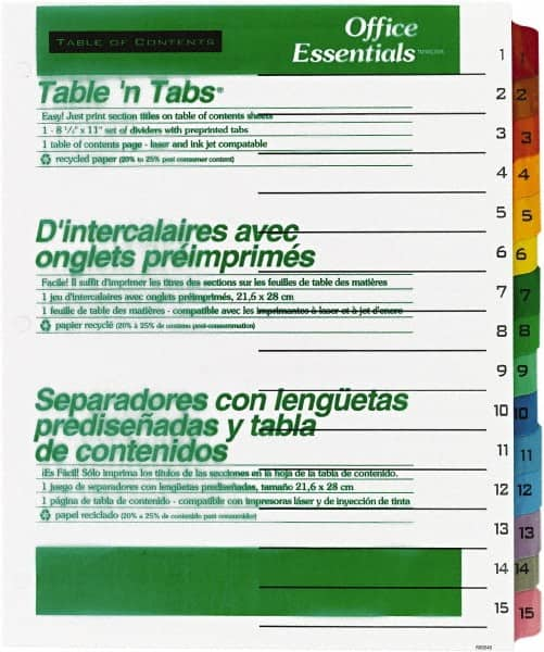 Office Essentials - 11 x 8 1/2" 1 to 15" Label, 15 Tabs, 3-Hole Punched, Preprinted Divider - Multicolor Tabs, White Folder - Benchmark Tooling