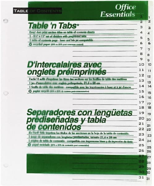 Office Essentials - 11 x 8 1/2" 1 to 31" Label, 31 Tabs, 3-Hole Punched, Preprinted Divider - White - Benchmark Tooling