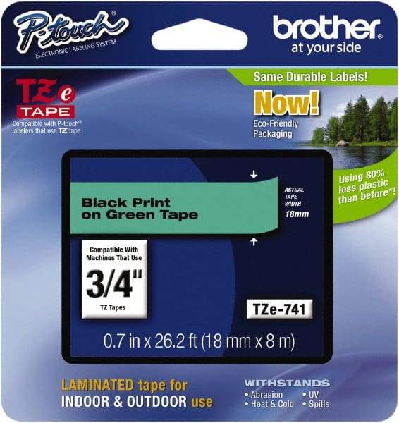 Brother - 0.7" Wide x 314.4" Long, Green Plastic/Paper Tape Cassette - For Label Maker - Benchmark Tooling