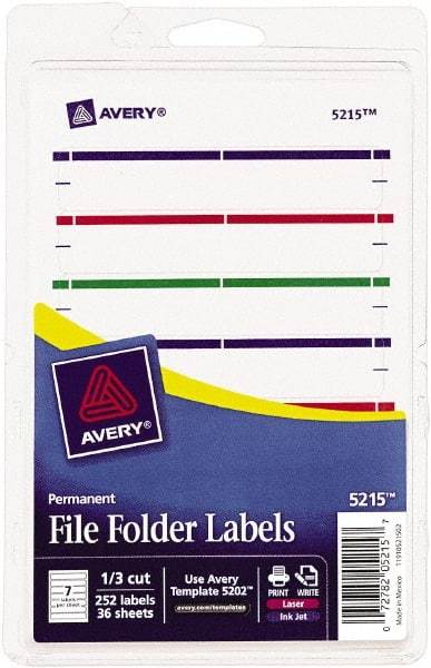 AVERY - 11/16" Wide x 3-7/16" Long, Assorted Paper File Folder Label - For Laser/Inkjet Printers - Benchmark Tooling