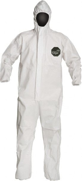 Disposable Coveralls: Size Large, 1.5 oz, SMS, Zipper Closure White, Serged Seam, Elastic Cuff, Elastic Ankle, ISO Non-Cleanroom Class