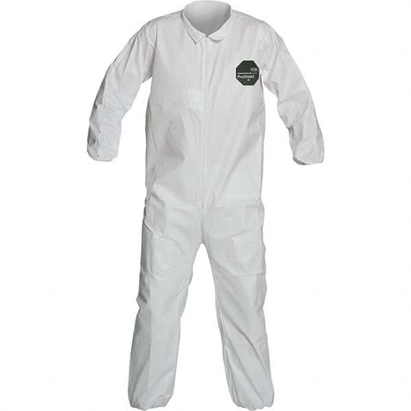 Disposable Coveralls: Size 2X-Large, 1.5 oz, SMS, Zipper Closure White, Serged Seam, Elastic Cuff, Elastic Ankle, ISO Non-Cleanroom Class