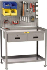 Little Giant - 2 Drawer, 2 Shelf Workbench with Pegboard - 2,000 Lb Capacity, Steel with Flush Front Edge Top, Gray, 24" Wide x 45" High x 48" Long - Benchmark Tooling