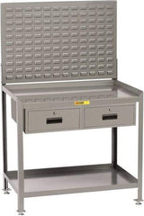 Little Giant - 2 Drawer, 2 Shelf Workbench with Louvered Panel - 2,000 Lb Capacity, Steel with Flush Front Edge Top, Gray, 24" Wide x 45" High x 36" Long - Benchmark Tooling