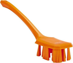 Vikan - 2-3/4" Bristle Length, Polyester Scrub Brush - 12" Long x 2-7/8" Wide Head, 15-1/2" OAL, Long Handle, Orange, Polypropylene Block - Benchmark Tooling