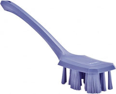 Vikan - 2-3/4" Bristle Length, Polyester Scrub Brush - 12" Long x 2-7/8" Wide Head, 15-1/2" OAL, Long Handle, Purple, Polypropylene Block - Benchmark Tooling