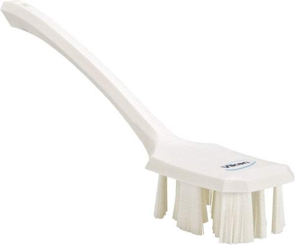 Vikan - 2-3/4" Bristle Length, Polyester Scrub Brush - 12" Long x 2-7/8" Wide Head, 15-1/2" OAL, Long Handle, White, Polypropylene Block - Benchmark Tooling