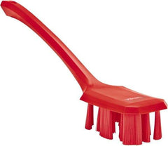 Vikan - 2-3/4" Bristle Length, Polyester Scrub Brush - 12" Long x 2-7/8" Wide Head, 15-1/2" OAL, Long Handle, Red, Polypropylene Block - Benchmark Tooling