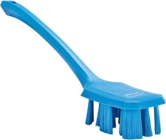 Vikan - 2-3/4" Bristle Length, Polyester Scrub Brush - 12" Long x 2-7/8" Wide Head, 15-1/2" OAL, Long Handle, Blue, Polypropylene Block - Benchmark Tooling