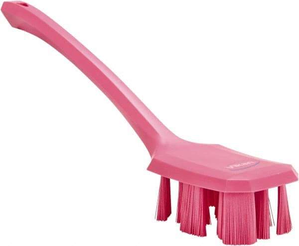 Vikan - 2-3/4" Bristle Length, Polyester Scrub Brush - 12" Long x 2-7/8" Wide Head, 15-1/2" OAL, Long Handle, Pink, Polypropylene Block - Benchmark Tooling