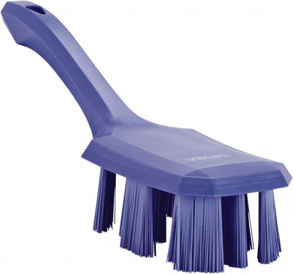 Vikan - 2-3/4" Bristle Length, Polyester Scrub Brush - 8" Long x 2-7/8" Wide Head, 10" OAL, Short Handle, Purple, Polypropylene Block - Benchmark Tooling