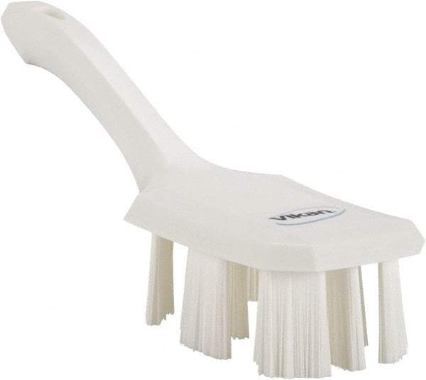 Vikan - 2-3/4" Bristle Length, Polyester Scrub Brush - 8" Long x 2-7/8" Wide Head, 10" OAL, Short Handle, White, Polypropylene Block - Benchmark Tooling