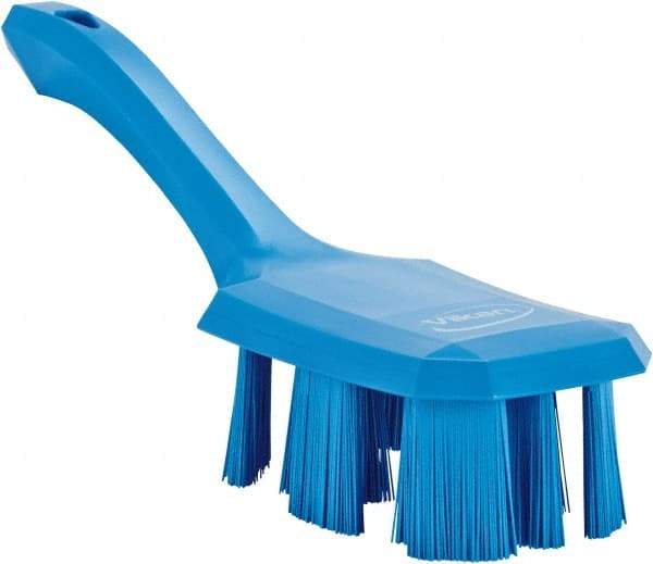 Vikan - 2-3/4" Bristle Length, Polyester Scrub Brush - 8" Long x 2-7/8" Wide Head, 10" OAL, Short Handle, Blue, Polypropylene Block - Benchmark Tooling