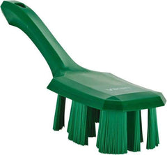 Vikan - 2-3/4" Bristle Length, Polyester Scrub Brush - 8" Long x 2-7/8" Wide Head, 10" OAL, Short Handle, Green, Polypropylene Block - Benchmark Tooling