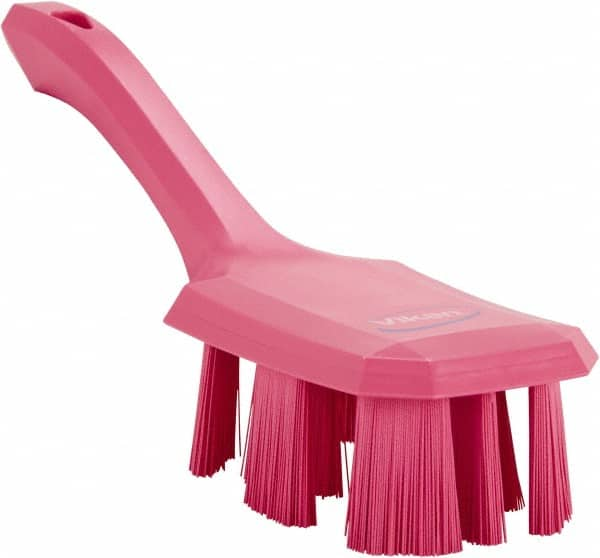 Vikan - 2-3/4" Bristle Length, Polyester Scrub Brush - 8" Long x 2-7/8" Wide Head, 10" OAL, Short Handle, Pink, Polypropylene Block - Benchmark Tooling