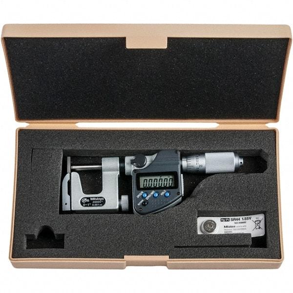 Mitutoyo - 0 to 1" Range, 0.00005" Resolution, Interchangeable Anvil Type Throat IP65 Electronic Outside Micrometer - 0.0002" Accuracy, Friction Thimble, Carbide-Tipped Face, SR44 Battery - Benchmark Tooling