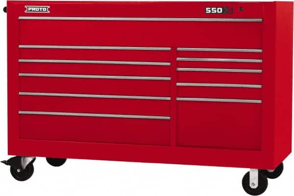 Proto - 35,917 Lb Capacity, 11 Drawer Mobile Workstation - 66" Wide x 27" Deep x 46" High, Steel, Red - Benchmark Tooling