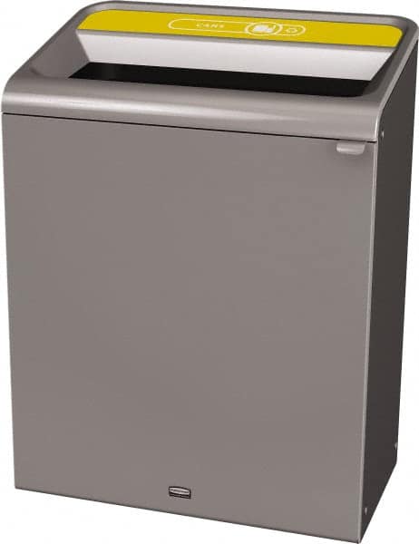 Rubbermaid - 45 Gal Gray Rectangle Decorative Indoor Single Stream Waste Receptacle - Metal, Cans Graphic, 37.965" High x 29.132" Long x 19-1/2" Wide, Lid Included - Benchmark Tooling