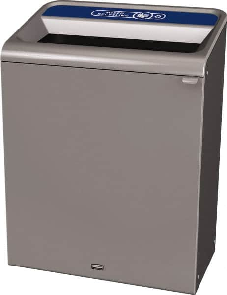 Rubbermaid - 45 Gal Gray Rectangle Decorative Indoor Single Stream Waste Receptacle - Metal, Mixed Recycling Graphic, 37.965" High x 29.132" Long x 19-1/2" Wide, Lid Included - Benchmark Tooling