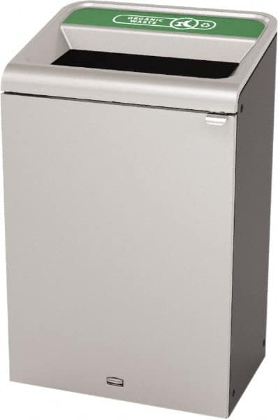 Rubbermaid - 33 Gal Gray Rectangle Decorative Indoor Single Stream Waste Receptacle - Metal, Organic Waste Graphic, 37.965" High x 24.051" Long x 19-1/2" Wide, Lid Included - Benchmark Tooling