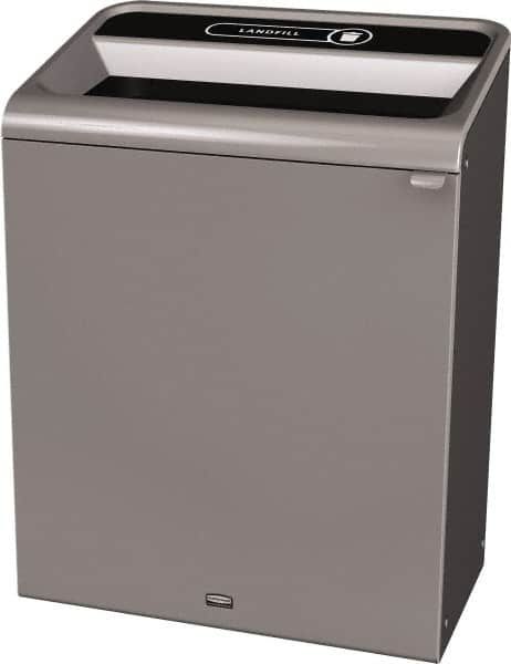 Rubbermaid - 45 Gal Gray Rectangle Decorative Indoor Single Stream Waste Receptacle - Metal, Landfill Graphic, 37.965" High x 29.132" Long x 19-1/2" Wide, Lid Included - Benchmark Tooling