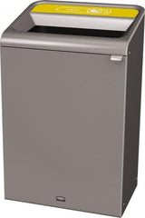 Rubbermaid - 33 Gal Gray Rectangle Decorative Indoor Single Stream Waste Receptacle - Metal, Cans Graphic, 37.965" High x 24.051" Long x 19-1/2" Wide, Lid Included - Benchmark Tooling