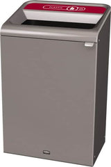 Rubbermaid - 33 Gal Gray Rectangle Decorative Indoor Single Stream Waste Receptacle - Metal, Plastic Graphic, 37.965" High x 24.051" Long x 19-1/2" Wide, Lid Included - Benchmark Tooling