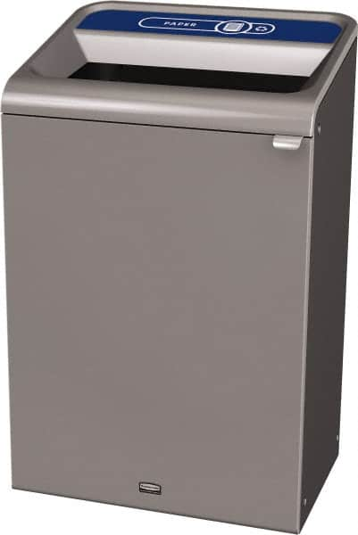 Rubbermaid - 33 Gal Gray Rectangle Decorative Indoor Single Stream Waste Receptacle - Metal, Paper Graphic, 37.965" High x 24.051" Long x 19-1/2" Wide, Lid Included - Benchmark Tooling