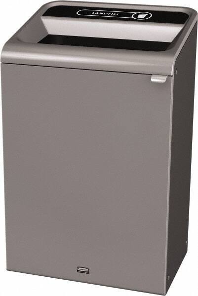 Rubbermaid - 33 Gal Gray Rectangle Decorative Indoor Single Stream Waste Receptacle - Metal, Landfill Graphic, 37.965" High x 24.051" Long x 19-1/2" Wide, Lid Included - Benchmark Tooling