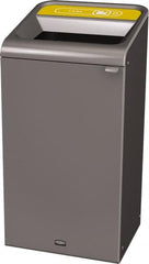 Rubbermaid - 23 Gal Gray Rectangle Decorative Indoor Single Stream Waste Receptacle - Metal, Cans Graphic, 37.965" High x 19.588" Long x 19-1/2" Wide, Lid Included - Benchmark Tooling