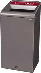 Rubbermaid - 23 Gal Gray Rectangle Decorative Indoor Single Stream Waste Receptacle - Metal, Plastic Graphic, 37.965" High x 19.588" Long x 19-1/2" Wide, Lid Included - Benchmark Tooling