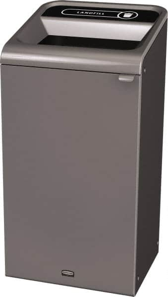 Rubbermaid - 23 Gal Gray Rectangle Decorative Indoor Single Stream Waste Receptacle - Metal, Landfill Graphic, 37.965" High x 19.588" Long x 19-1/2" Wide, Lid Included - Benchmark Tooling