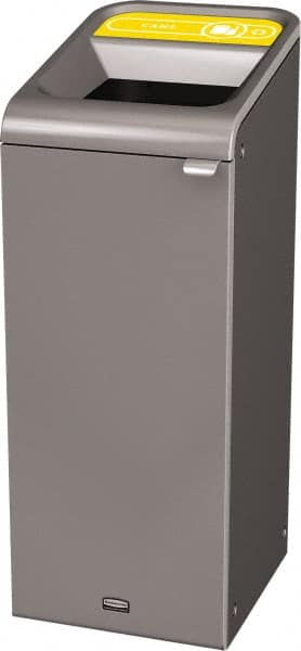 Rubbermaid - 15 Gal Gray Rectangle Decorative Indoor Single Stream Waste Receptacle - Metal, Cans Graphic, 37.965" High x 14.784" Long x 19-1/2" Wide, Lid Included - Benchmark Tooling