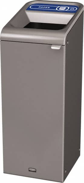 Rubbermaid - 15 Gal Gray Rectangle Decorative Indoor Single Stream Waste Receptacle - Metal, Paper Graphic, 37.965" High x 14.784" Long x 19-1/2" Wide, Lid Included - Benchmark Tooling